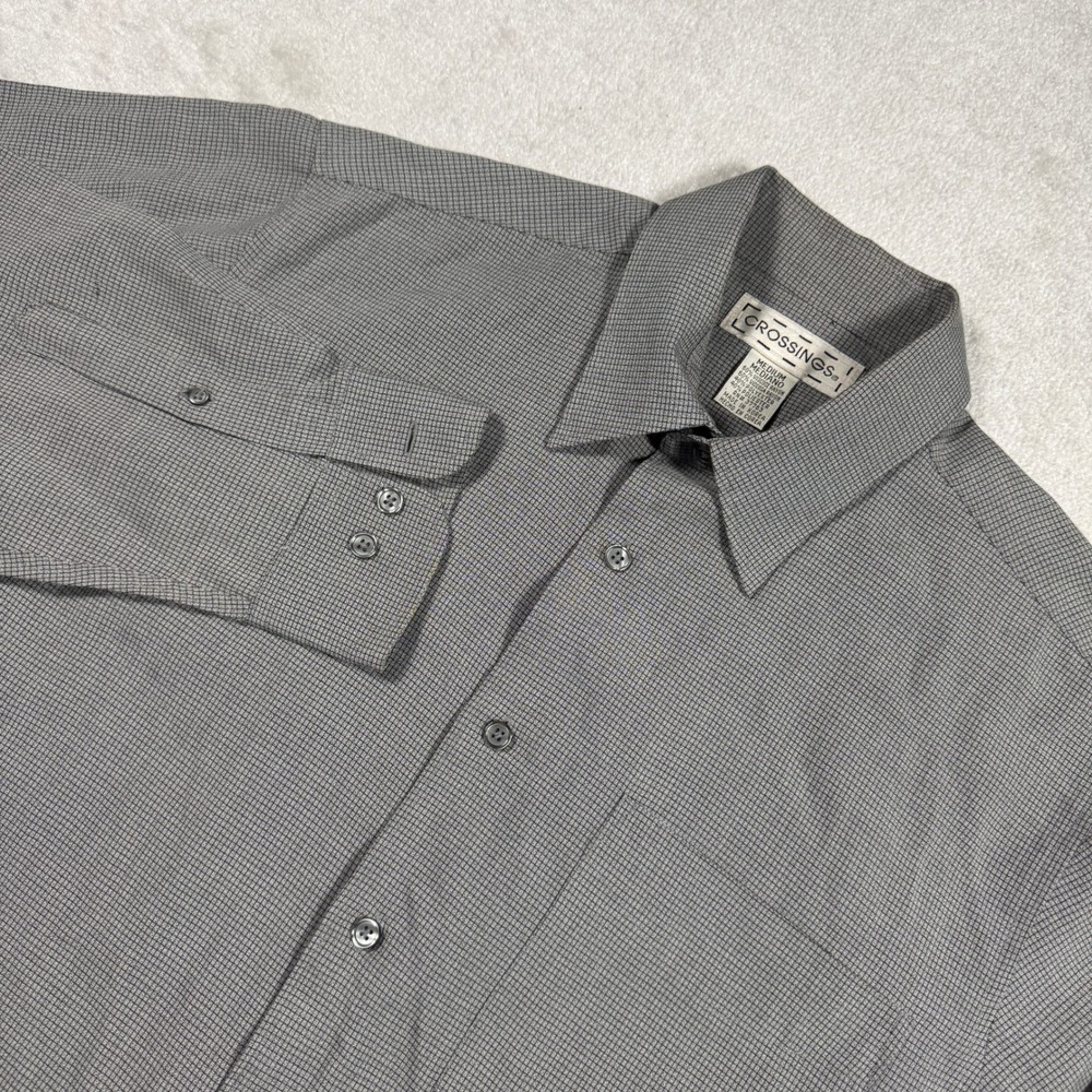 Crossings Button Down‎ Shirt Mens Medium Grey Micro Check Long Sleeve Collared